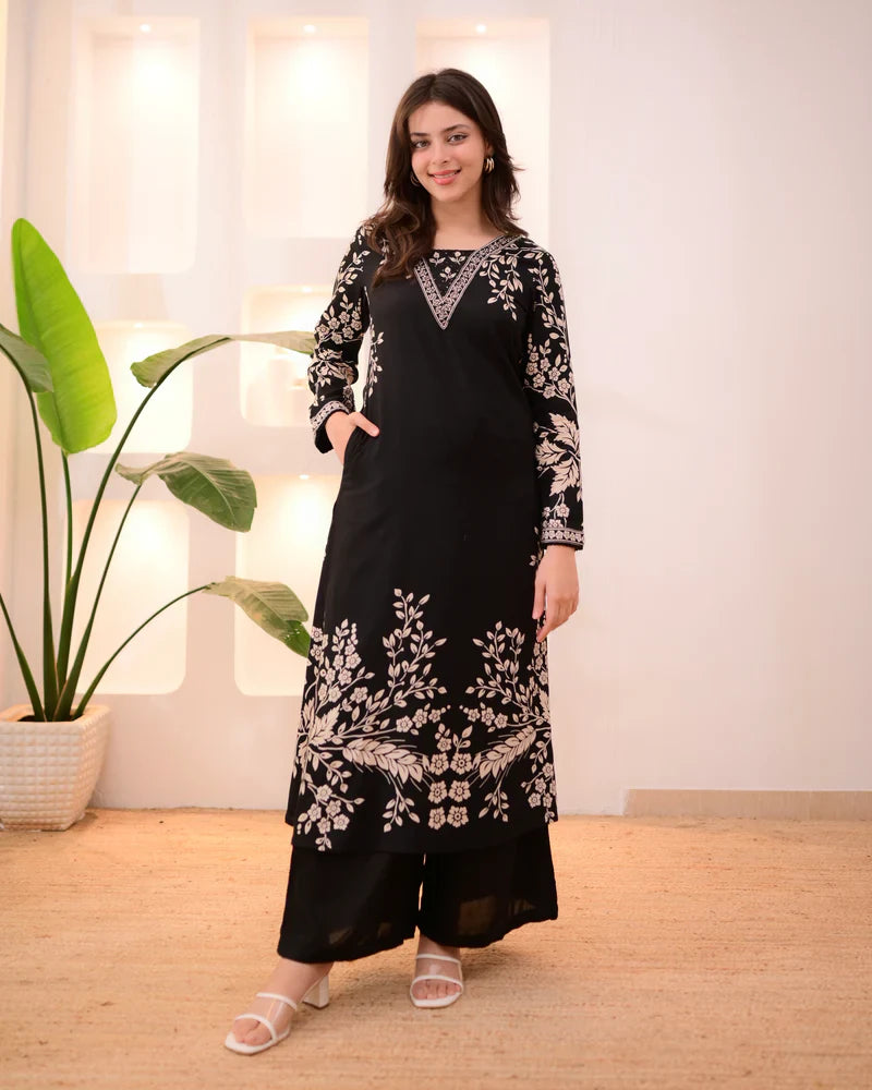 Black Cotton A Line Kurta Palazzo Set