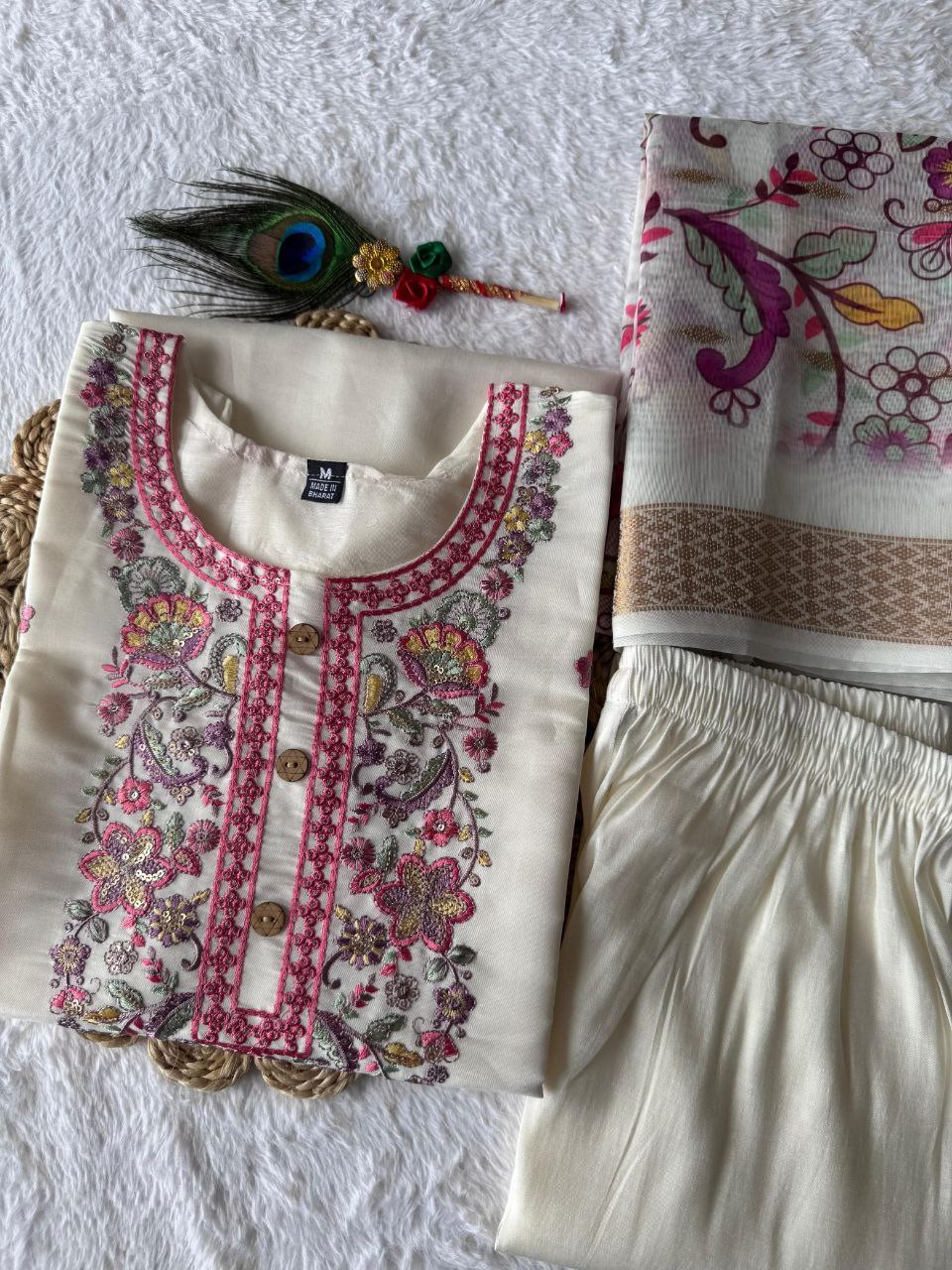 New Beautiful Hand Work Designers Kurta Pent Dupatta Set