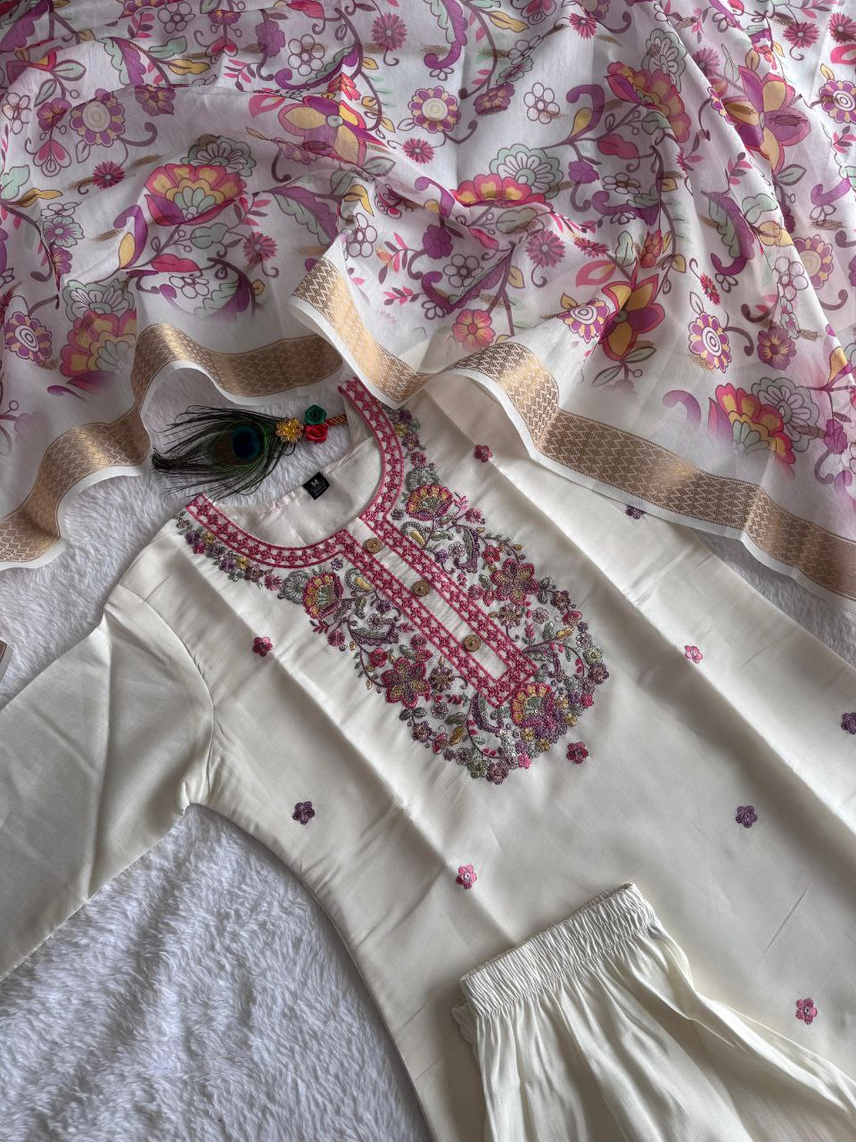 New Beautiful Hand Work Designers Kurta Pent Dupatta Set