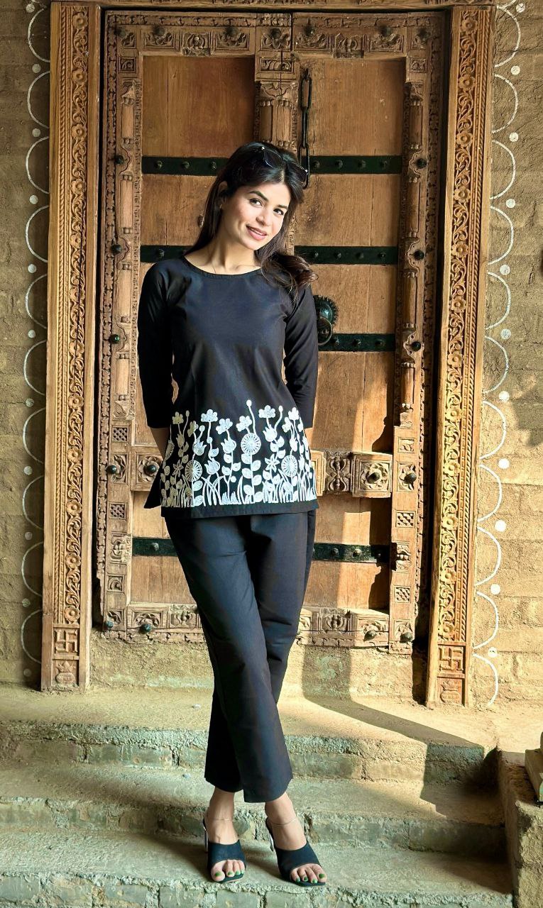 Black Floral Embroidered Thread Work Co-Ords