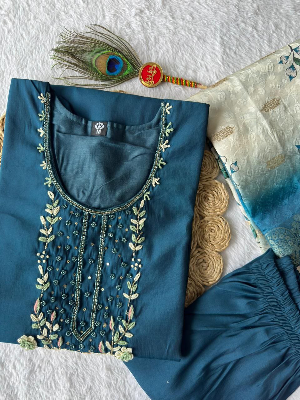 New Beautiful Hand Work Designers Kurta Pent Dupatta Set