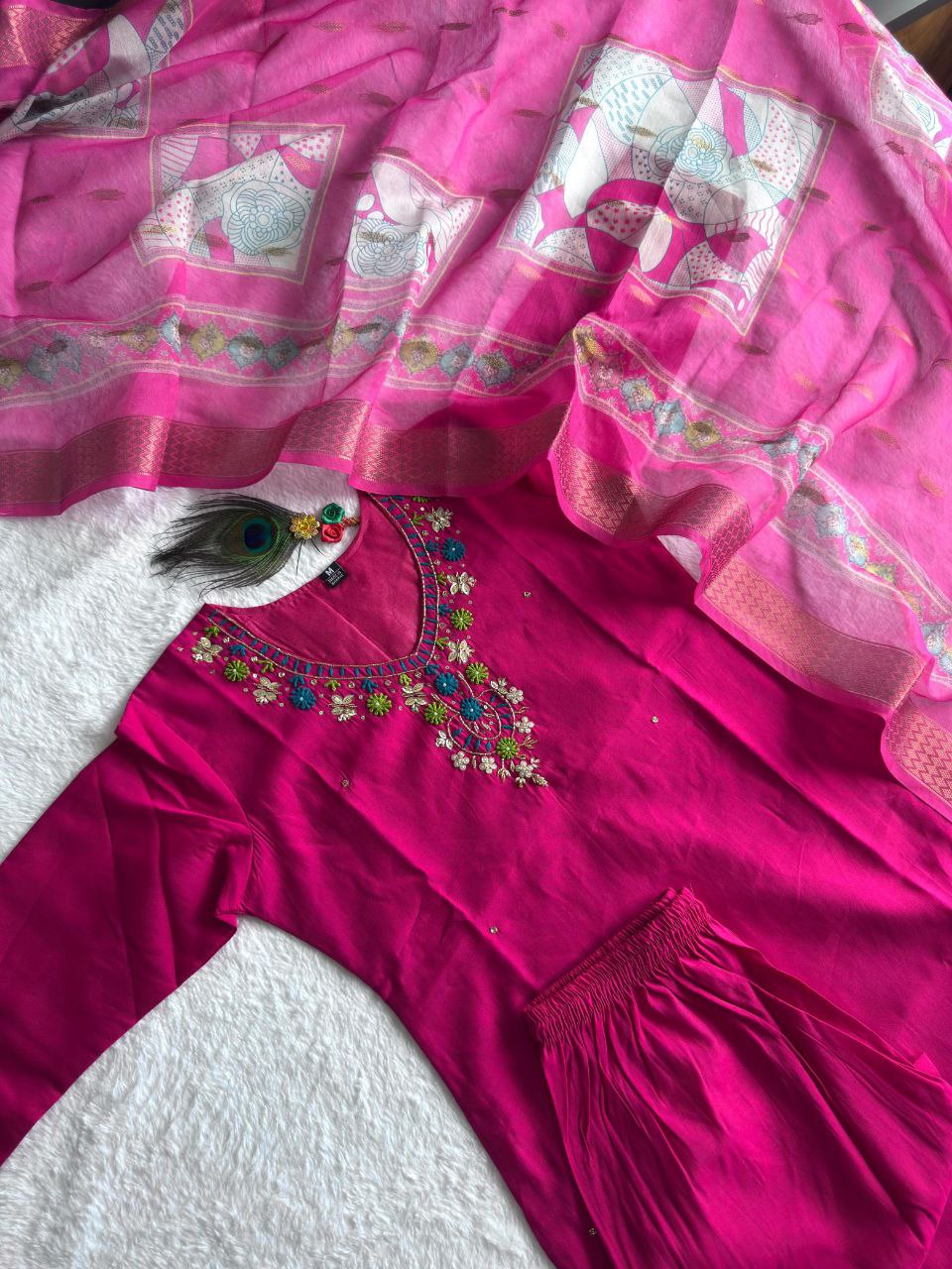New Beautiful Hand Work Designers Kurta Pent Dupatta Set