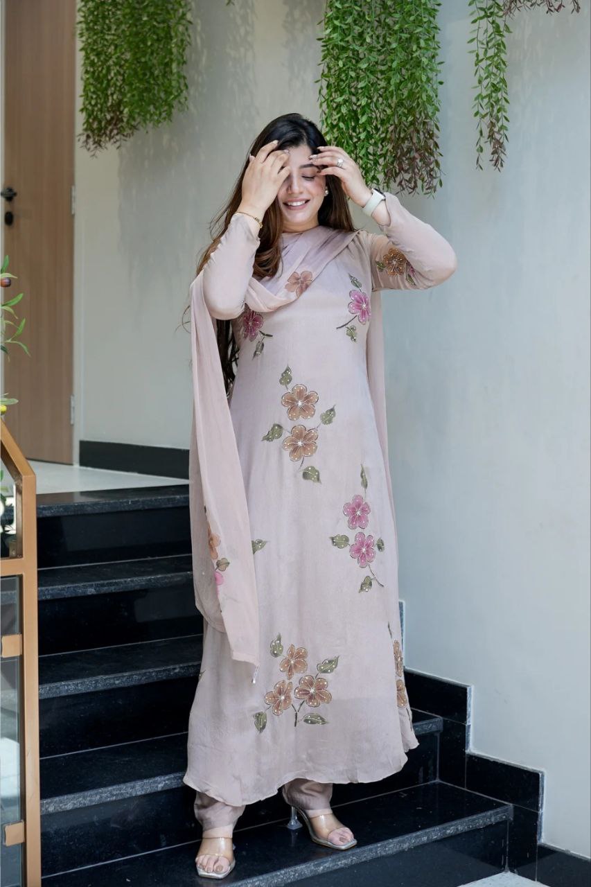 Lovely Light Onion Color Chinon Silk Digital Printed Anarkali Suit