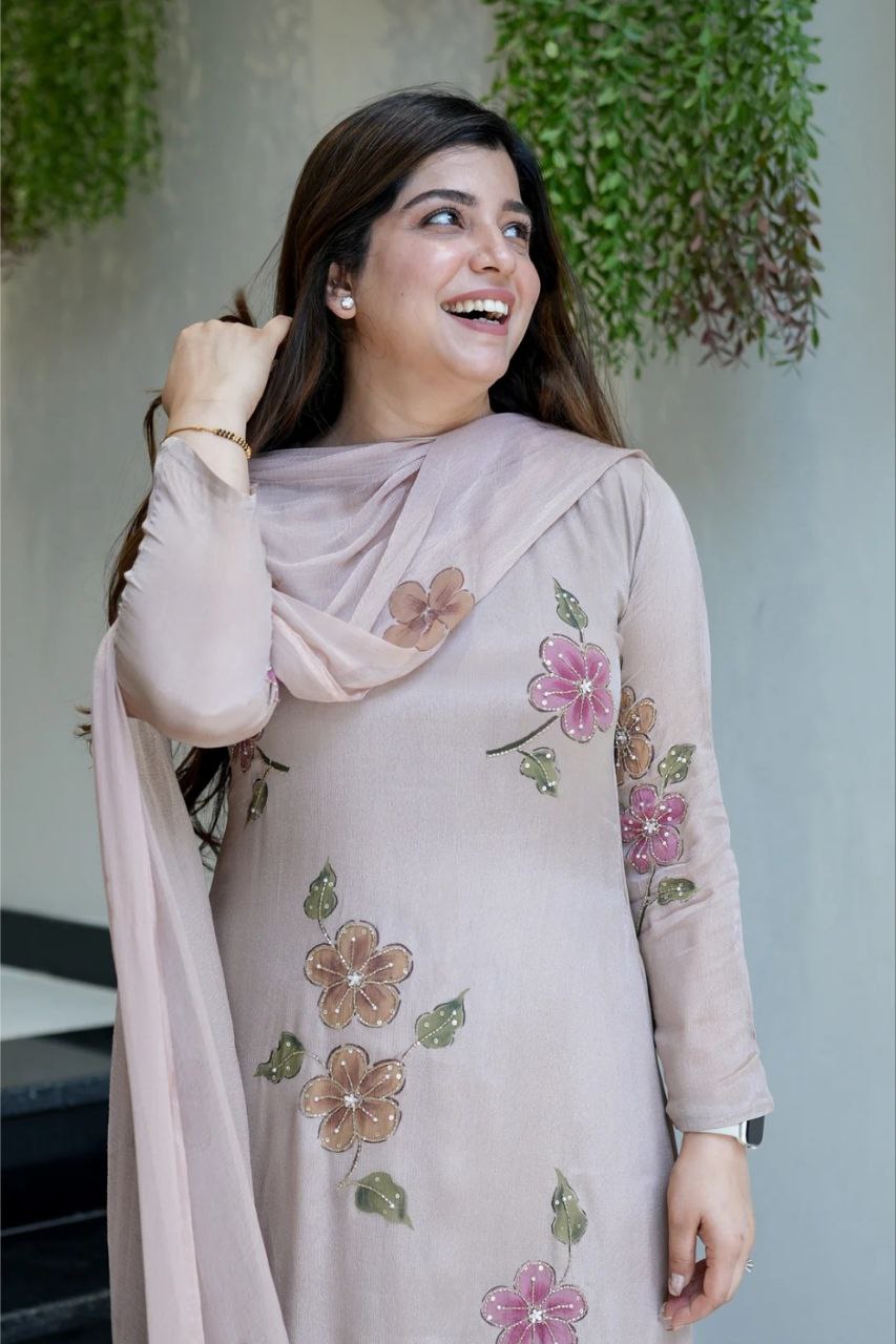 Lovely Light Onion Color Chinon Silk Digital Printed Anarkali Suit