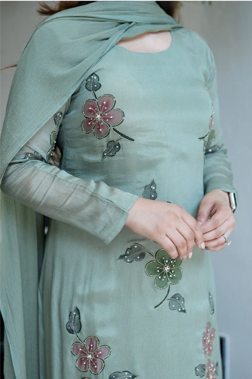 Lovely Green Color Chinon Silk Digital Printed Anarkali Suit