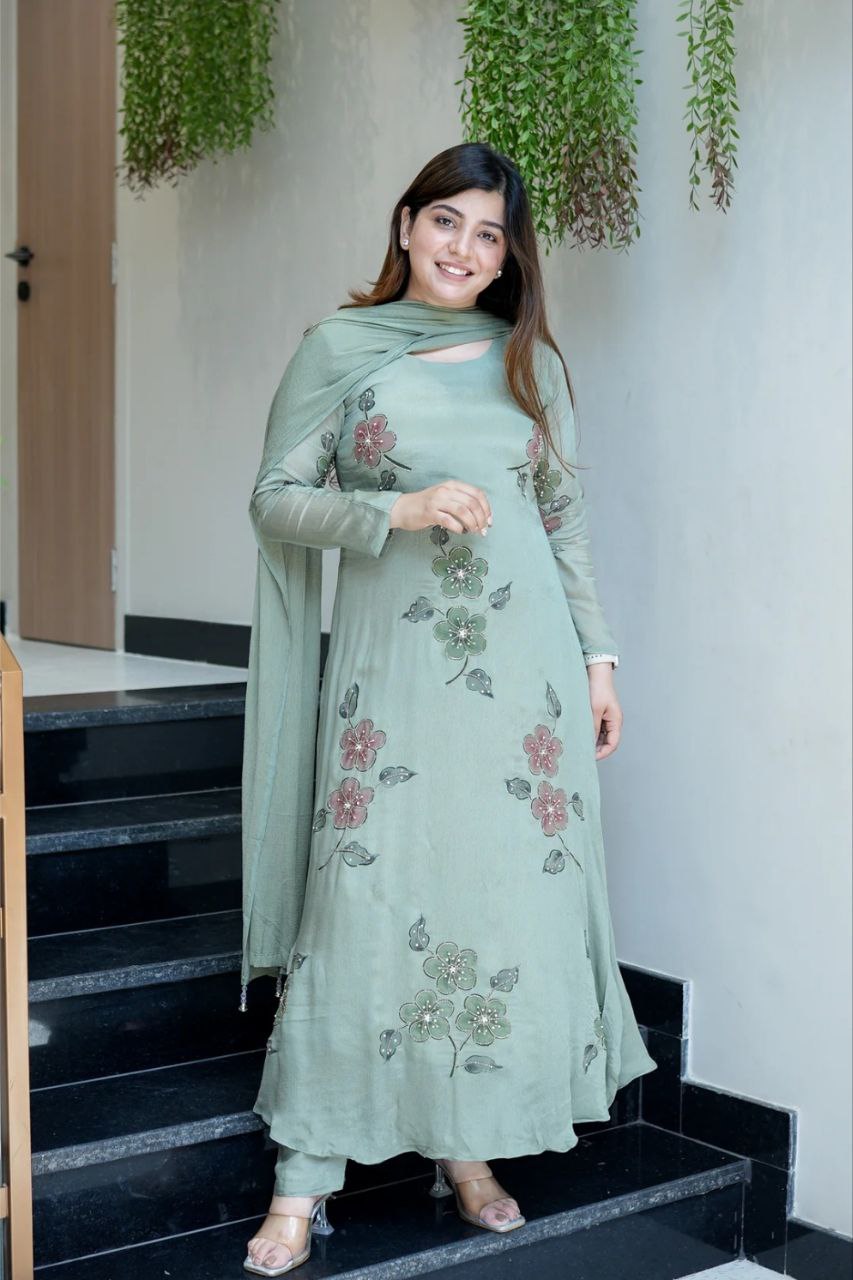 Lovely Green Color Chinon Silk Digital Printed Anarkali Suit