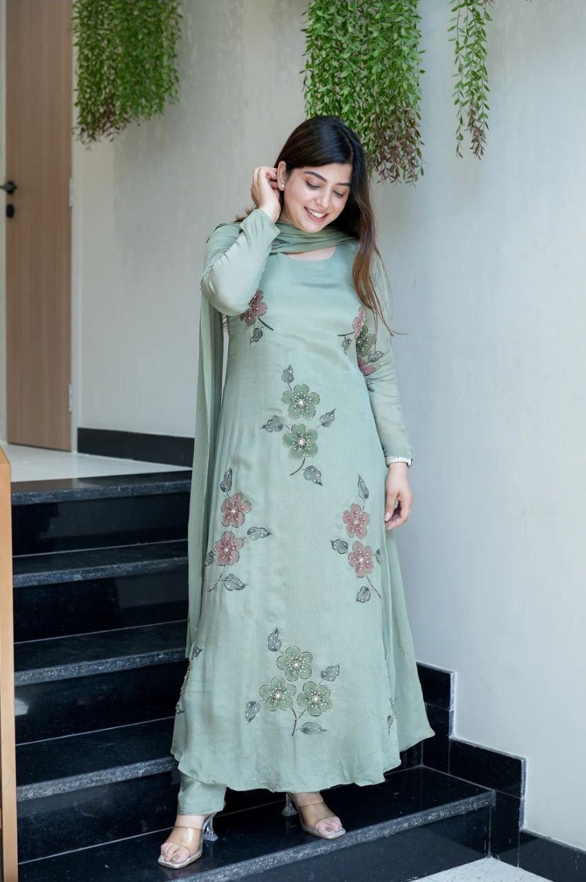 Lovely Green Color Chinon Silk Digital Printed Anarkali Suit