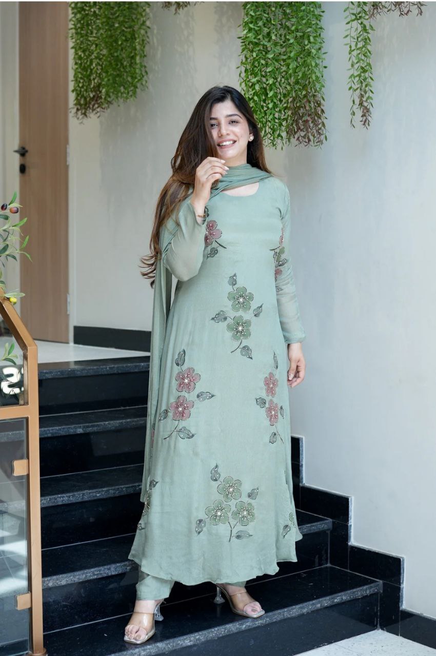 Lovely Green Color Chinon Silk Digital Printed Anarkali Suit