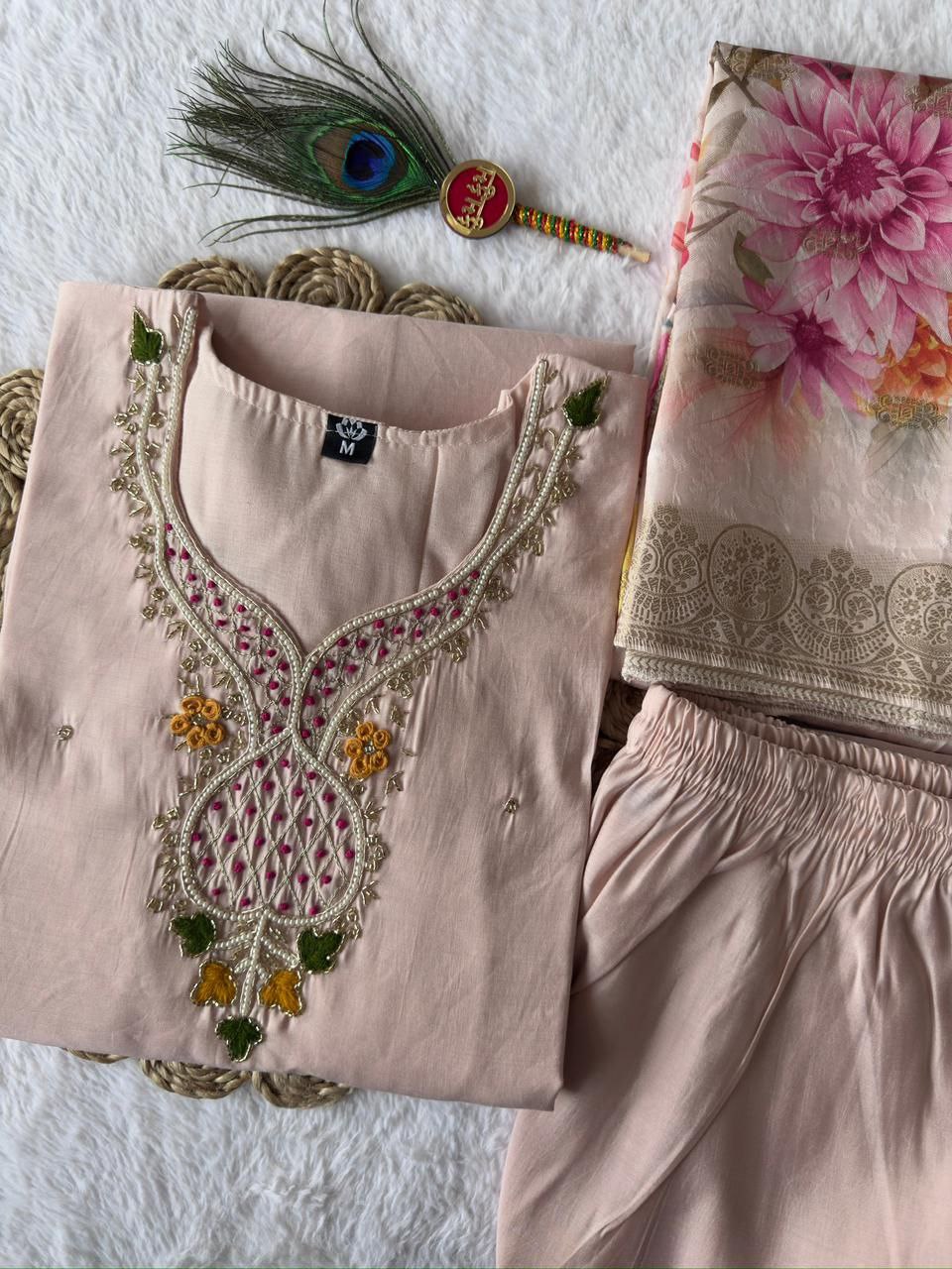 New Beautiful Hand Work Designers Kurta Pent Dupatta Set