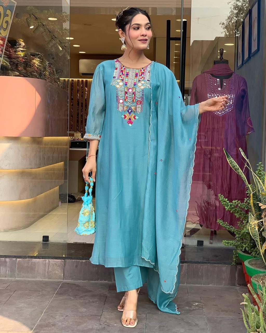 EXCLUSIVE DESIGNER HEAVY COTTON WITH EMBROIDERY MIRROR WORK SUIT