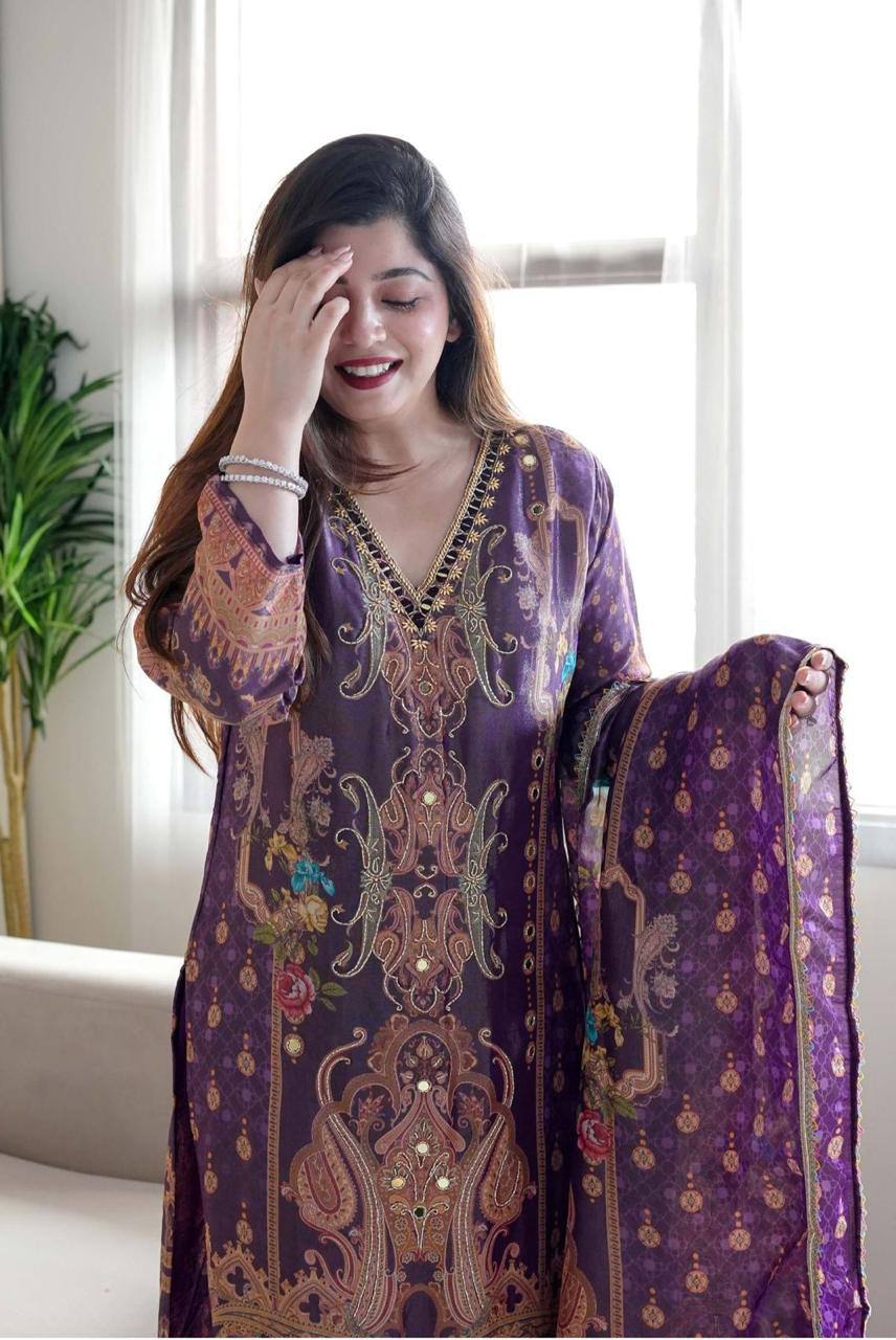 WOMEN EMBROIDERED WITH PRINT WORK SUIT SET