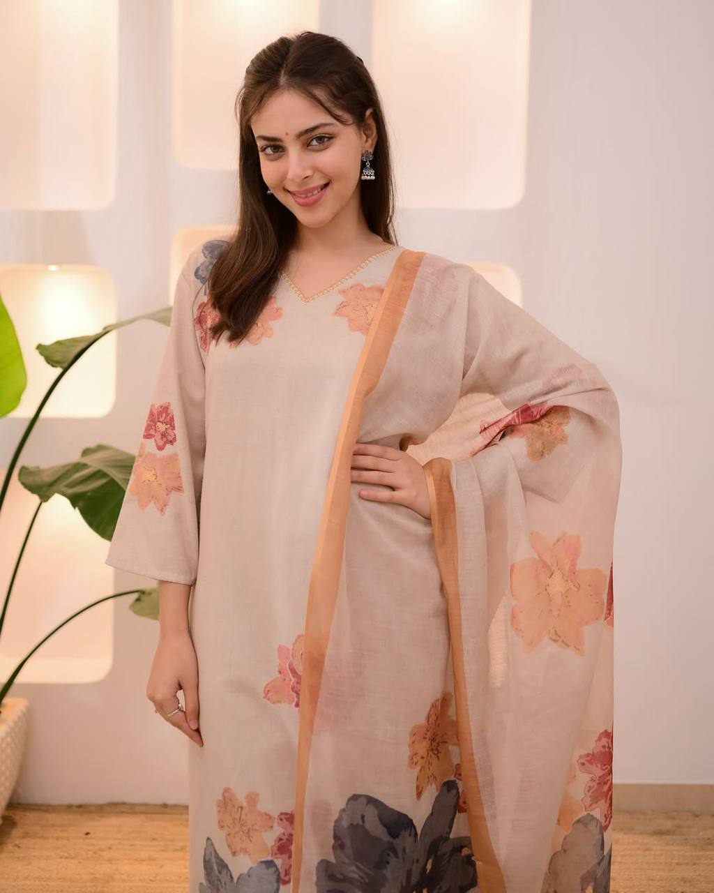 Ivory Green Pastel Garden Cotton Suit