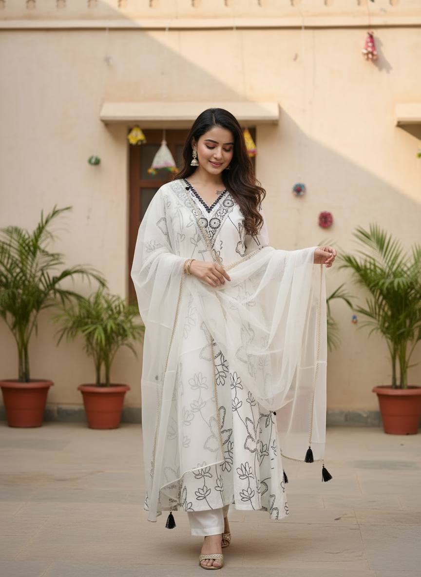 White Pure Cotton Silk Kurti Pant With Dupaata