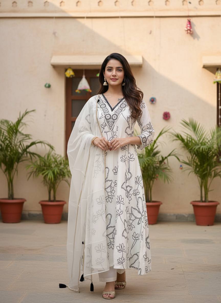 White Pure Cotton Silk Kurti Pant With Dupaata