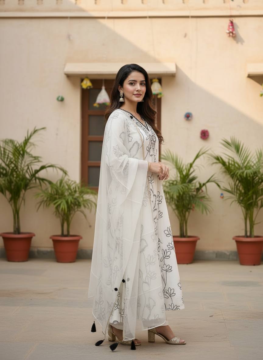 White Pure Cotton Silk Kurti Pant With Dupaata