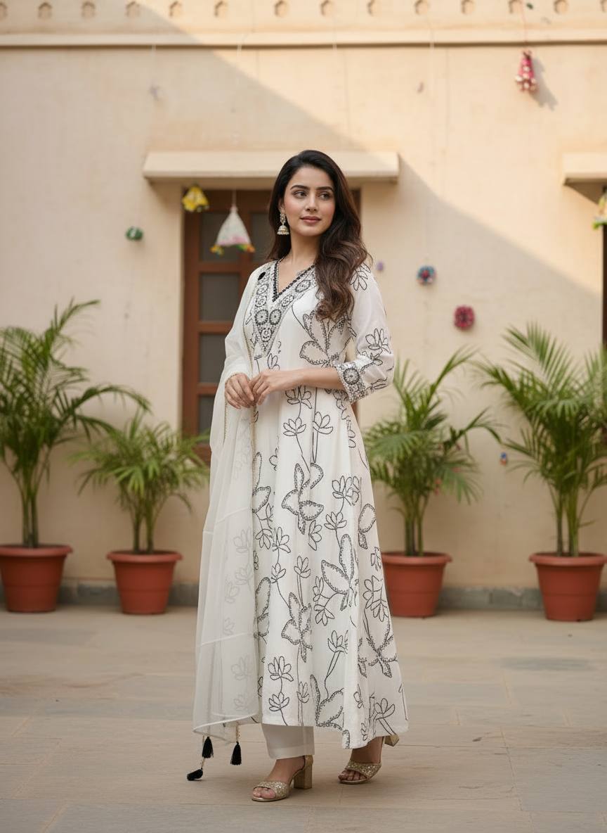 White Pure Cotton Silk Kurti Pant With Dupaata