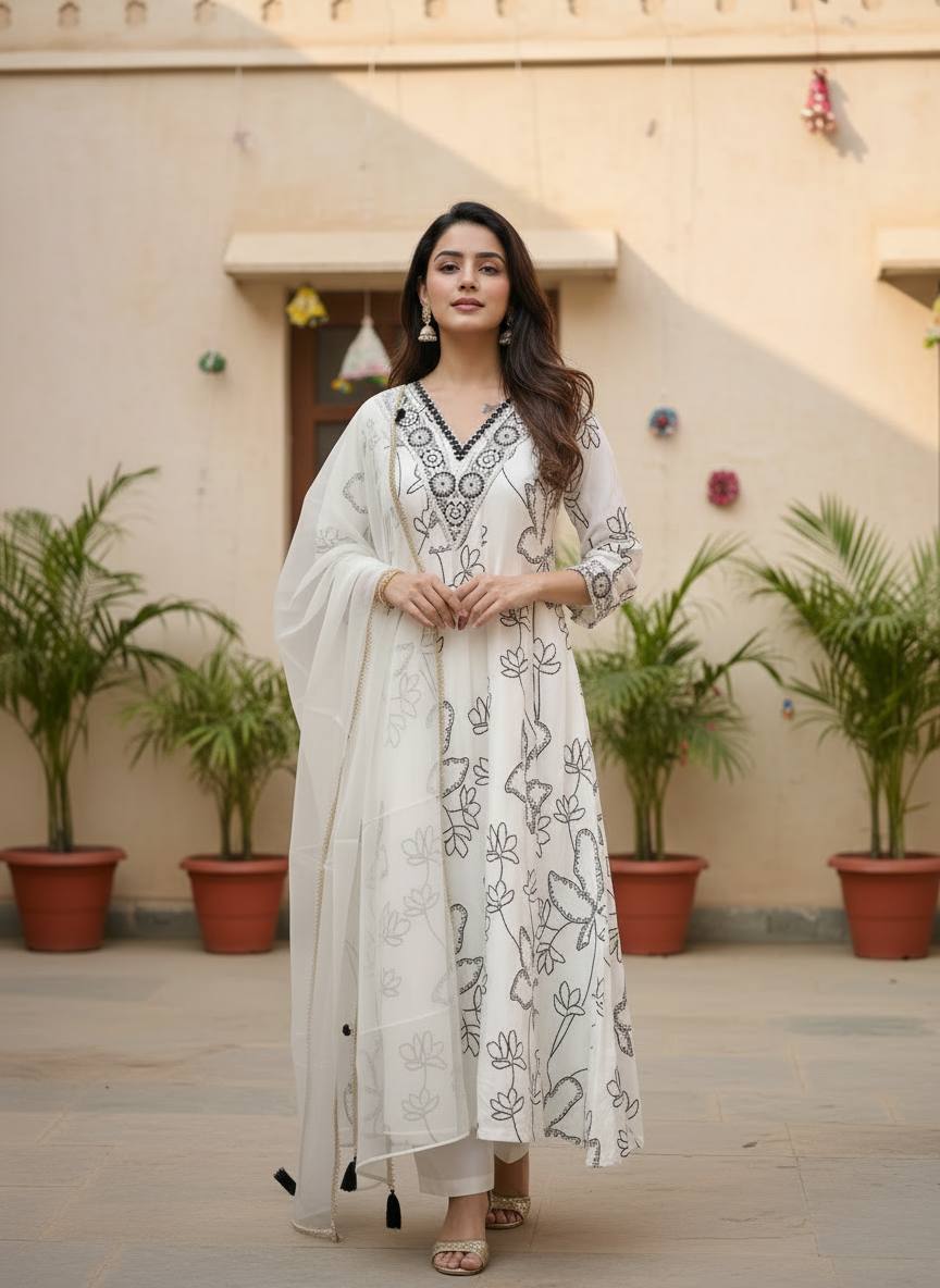 White Pure Cotton Silk Kurti Pant With Dupaata