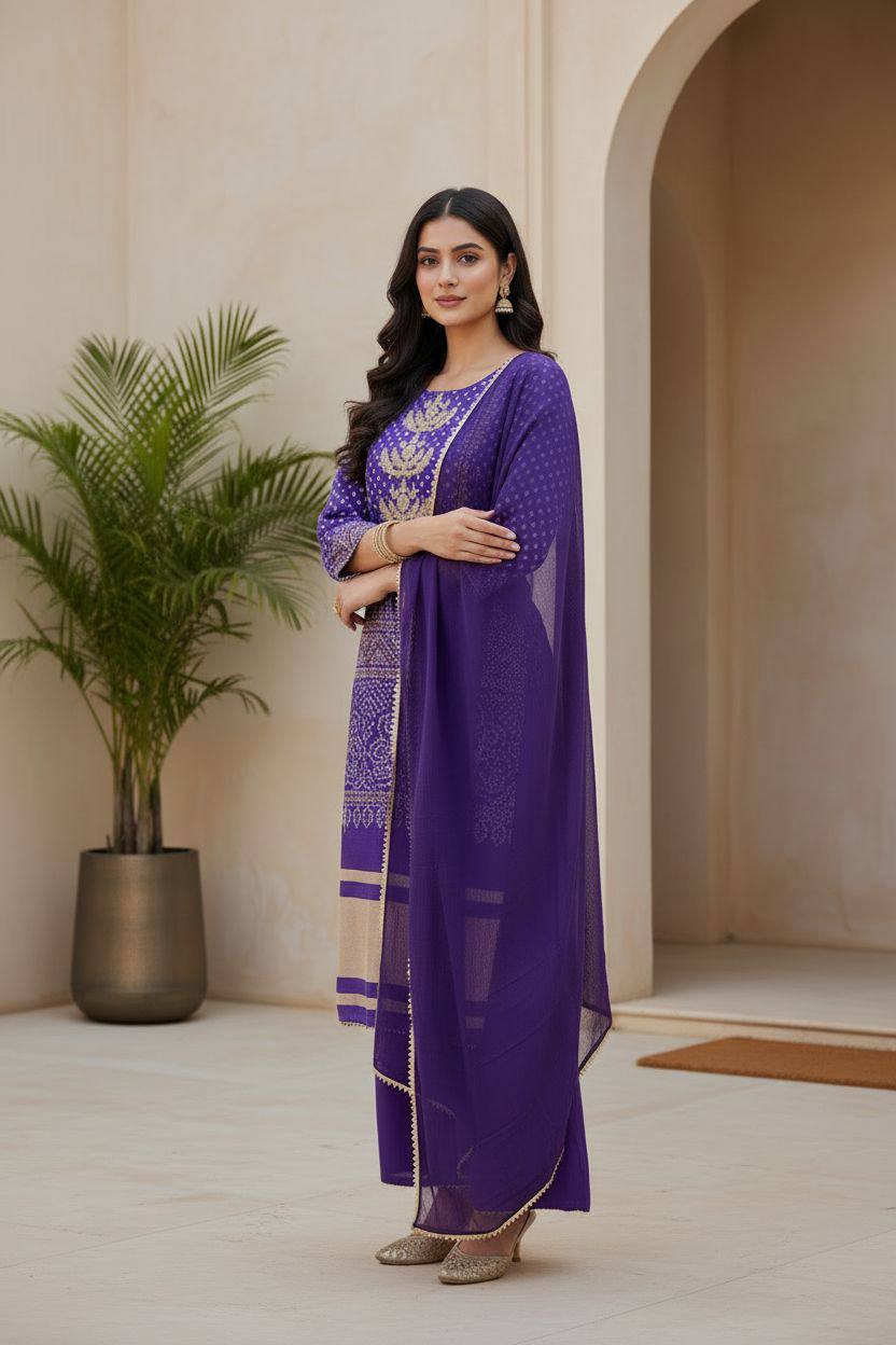 Women Bandhani-style Print with Detailed Gold Embroidery Suit