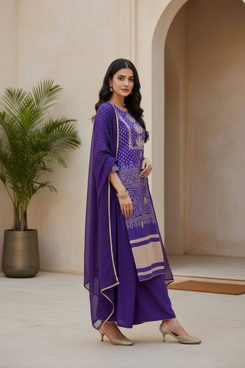 Women Bandhani-style Print with Detailed Gold Embroidery Suit