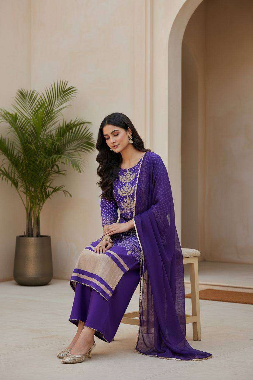 Women Bandhani-style Print with Detailed Gold Embroidery Suit