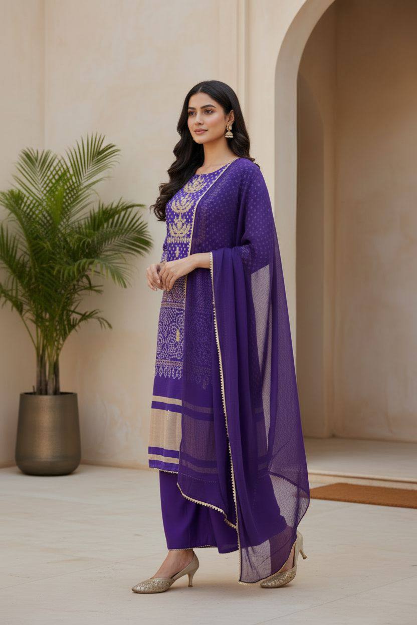 Women Bandhani-style Print with Detailed Gold Embroidery Suit