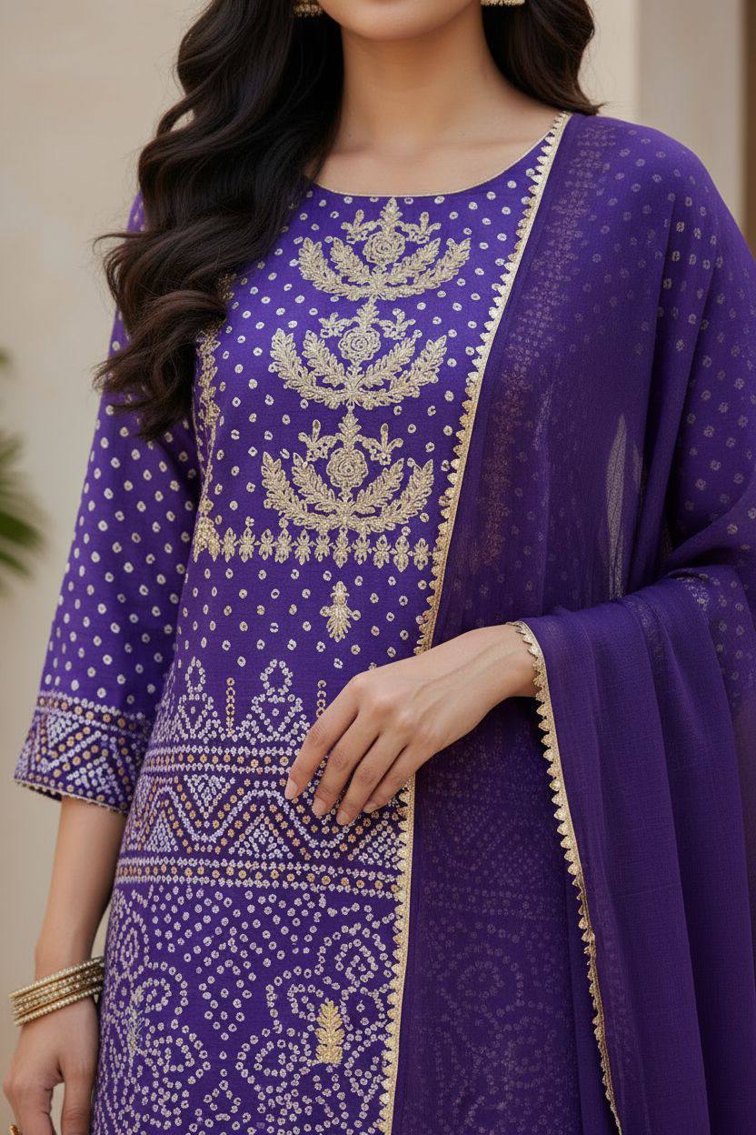 Women Bandhani-style Print with Detailed Gold Embroidery Suit