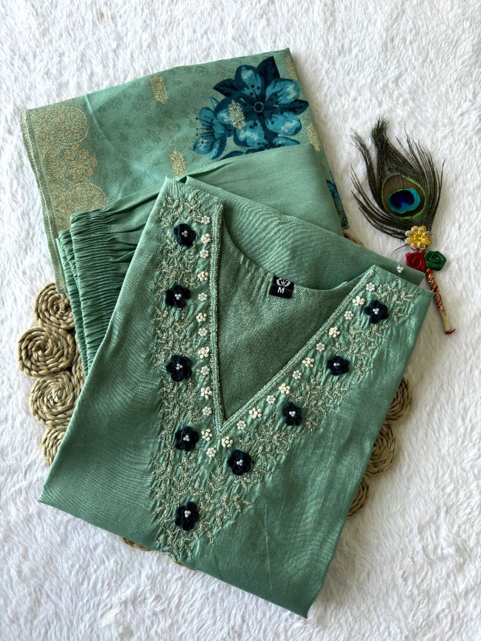 New Beautiful Hand Work Designers Kurta Pent Dupatta Set