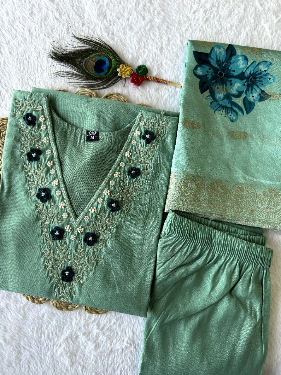 New Beautiful Hand Work Designers Kurta Pent Dupatta Set