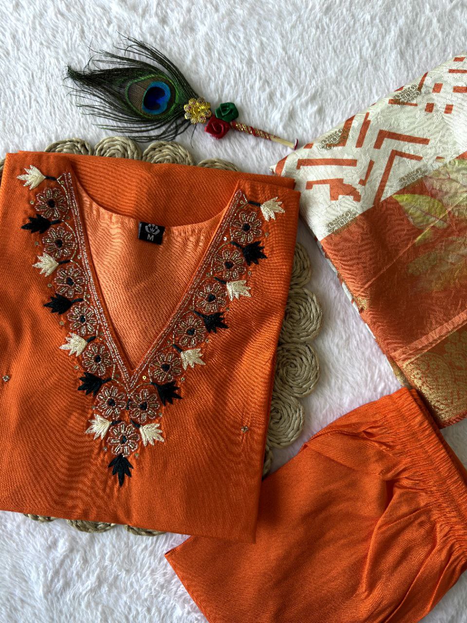 New Beautiful Hand Work Designers Kurta Pent Dupatta Set