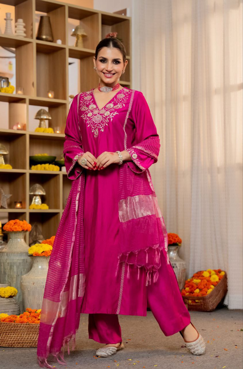Magenta Pink V-neck Suit with Dupatta