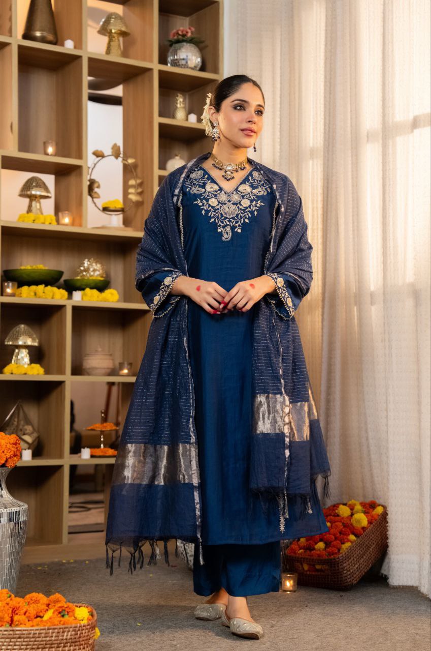 Magenta Blue V-neck Suit with Dupatta