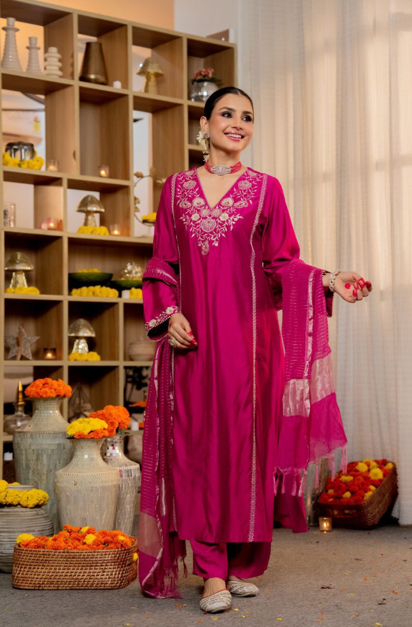 Magenta Pink V-neck Suit with Dupatta