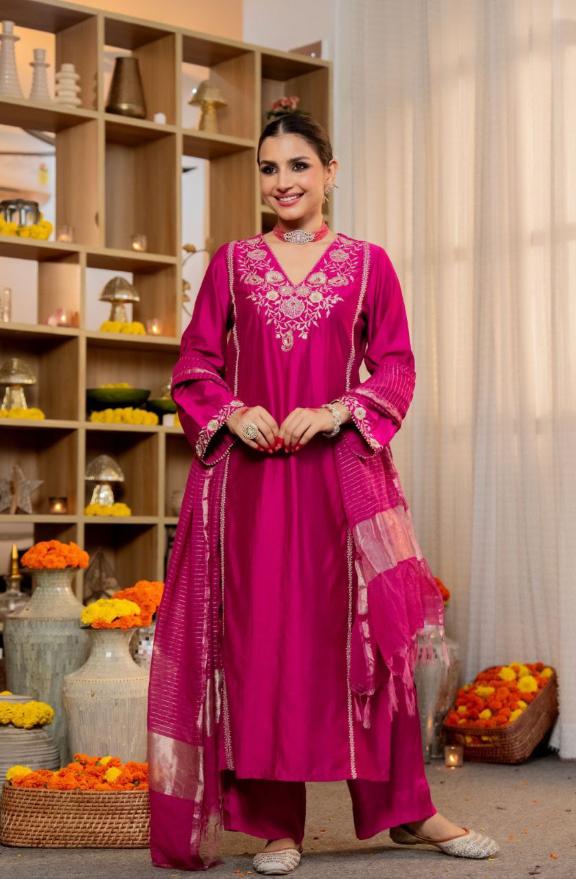 Magenta Pink V-neck Suit with Dupatta