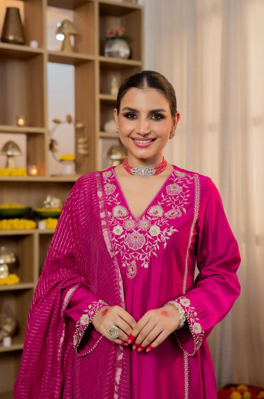 Magenta Pink V-neck Suit with Dupatta