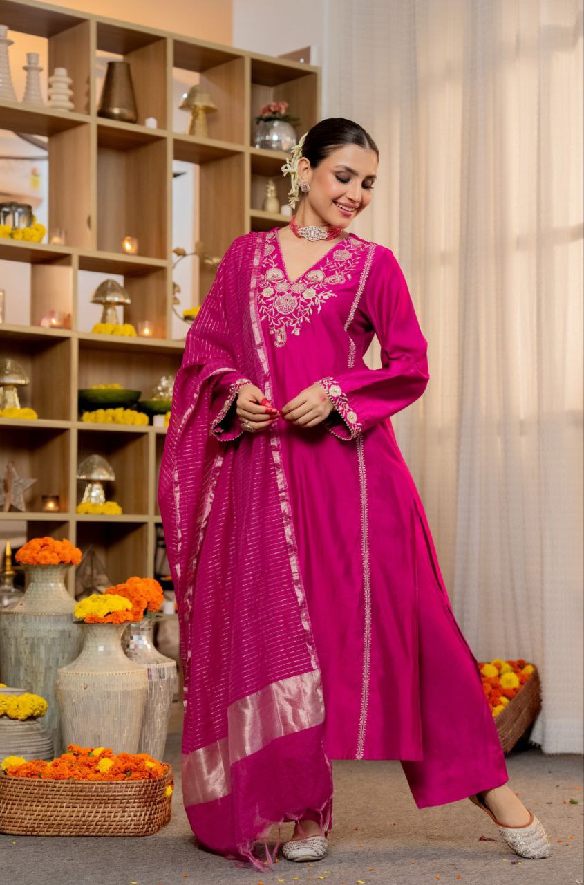 Magenta Pink V-neck Suit with Dupatta