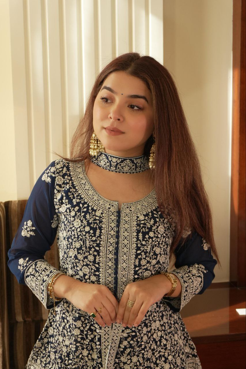 REAL MODLING OF EMBROIDERED PEPLUM TOP WITH PLAZZO PAIR