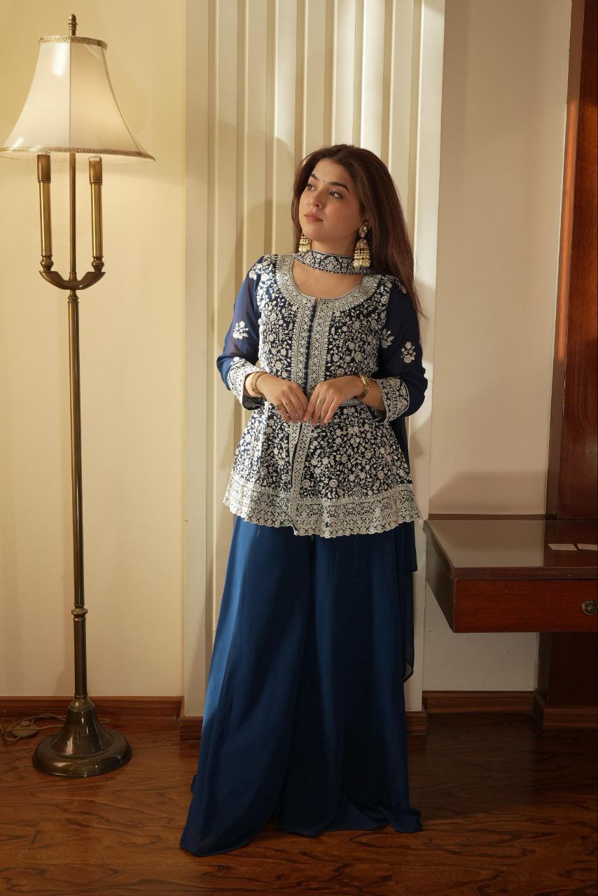REAL MODLING OF EMBROIDERED PEPLUM TOP WITH PLAZZO PAIR