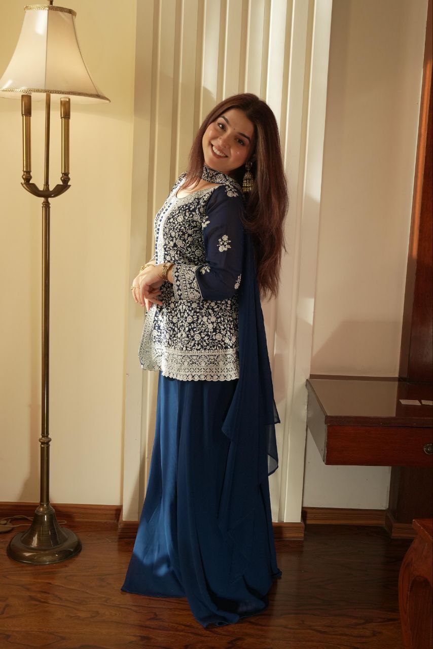 REAL MODLING OF EMBROIDERED PEPLUM TOP WITH PLAZZO PAIR