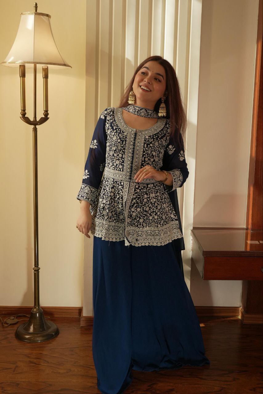 REAL MODLING OF EMBROIDERED PEPLUM TOP WITH PLAZZO PAIR