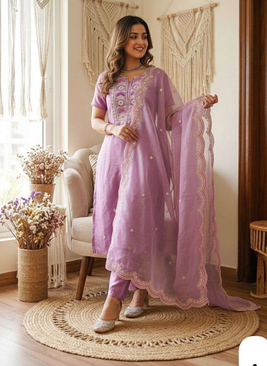 Lavender Pure chinoon Silk Kurti Pant With Dupaata