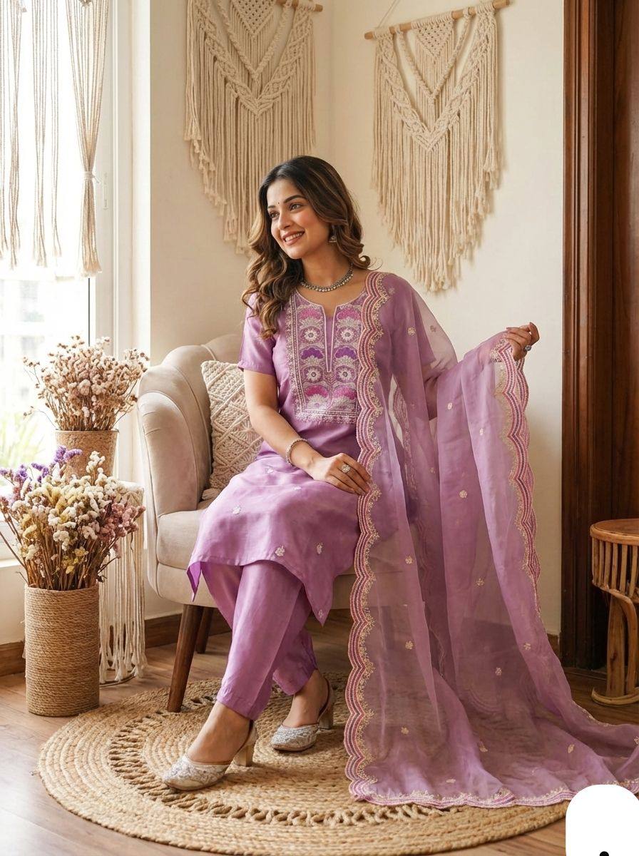 Lavender Pure chinoon Silk Kurti Pant With Dupaata