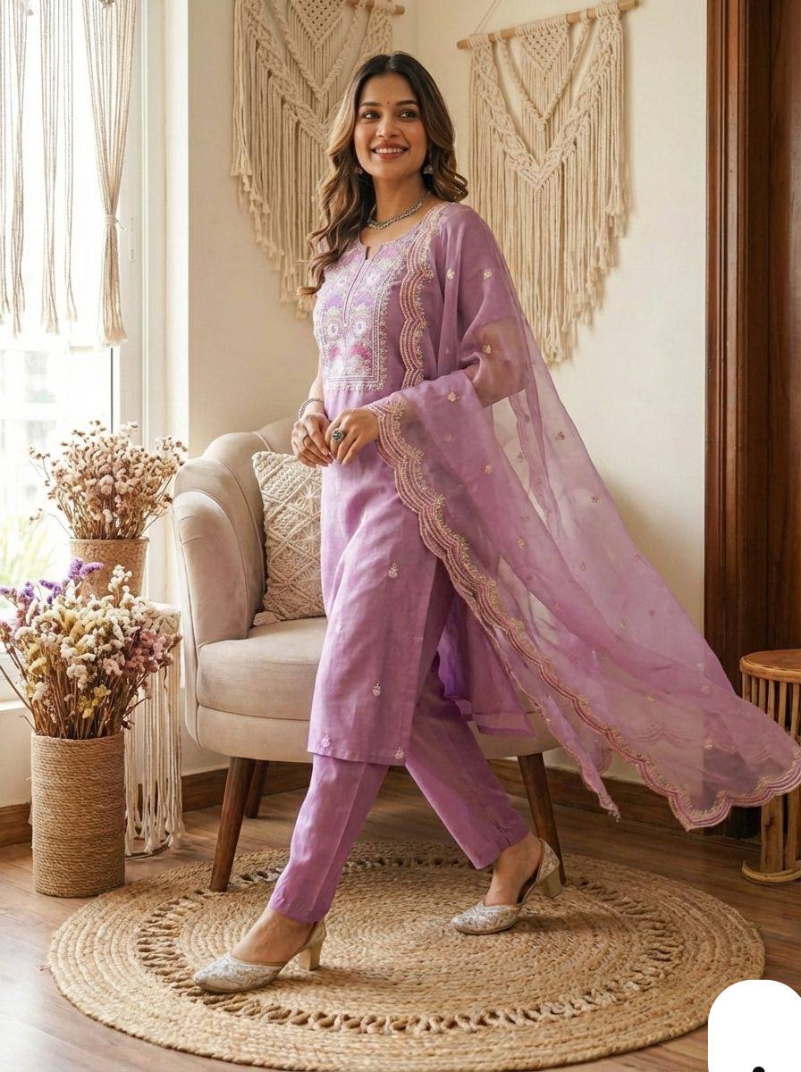 Lavender Pure chinoon Silk Kurti Pant With Dupaata