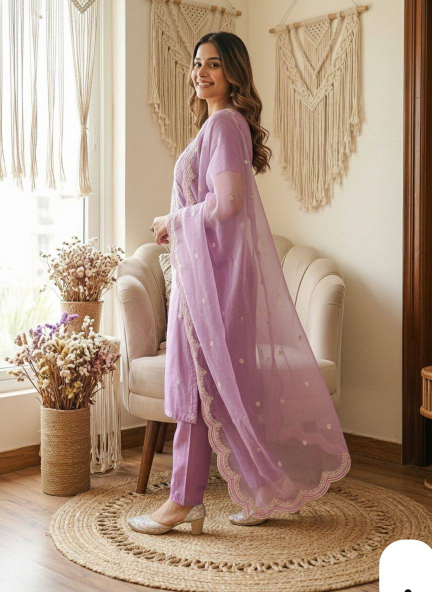 Lavender Pure chinoon Silk Kurti Pant With Dupaata